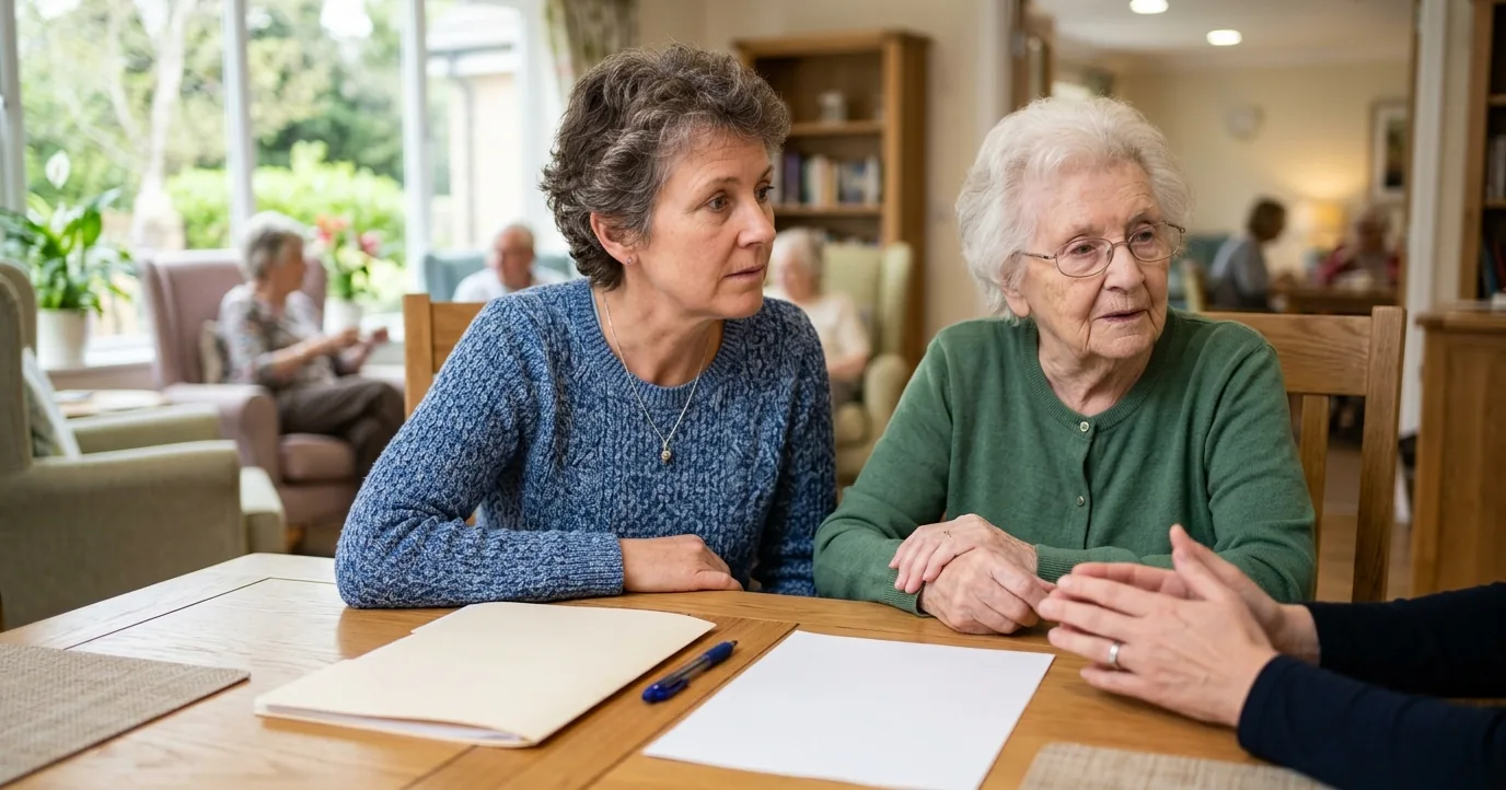 An adult daughter and her mother at a table with a folder