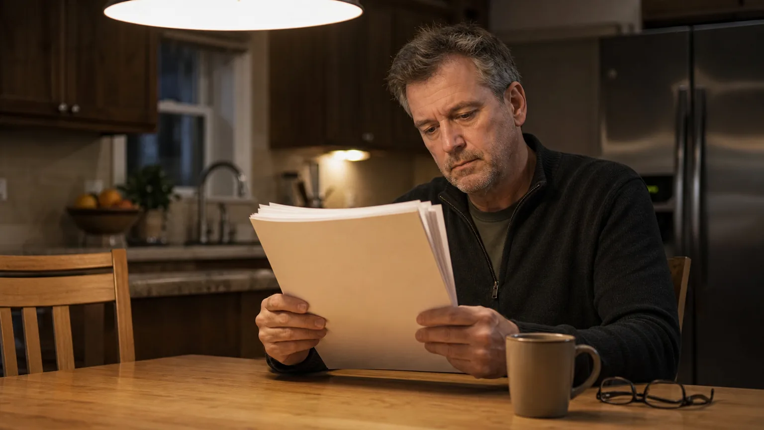 A man reading a stack of papers at a kitchen table