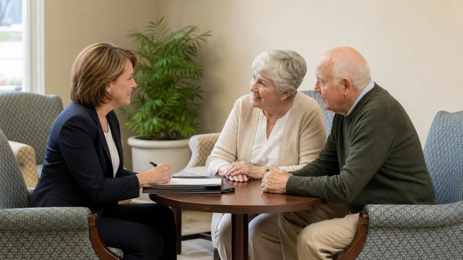 Woman in a blazer meeting an older couple at a table