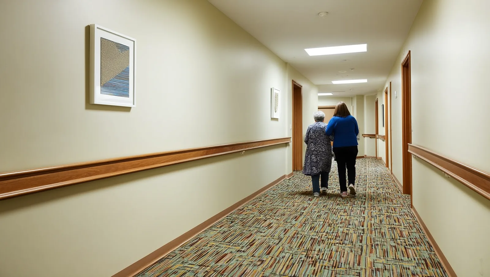 Two women walking down a care facility hallway