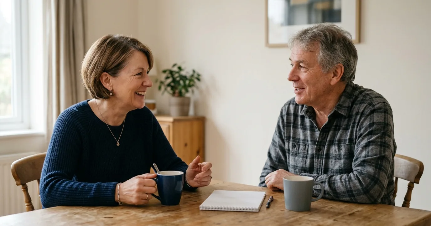 Two people talking at a kitchen table with a notepad