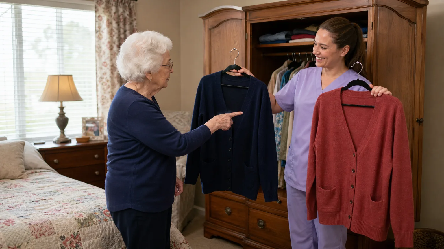 Older woman choosing between two cardigans