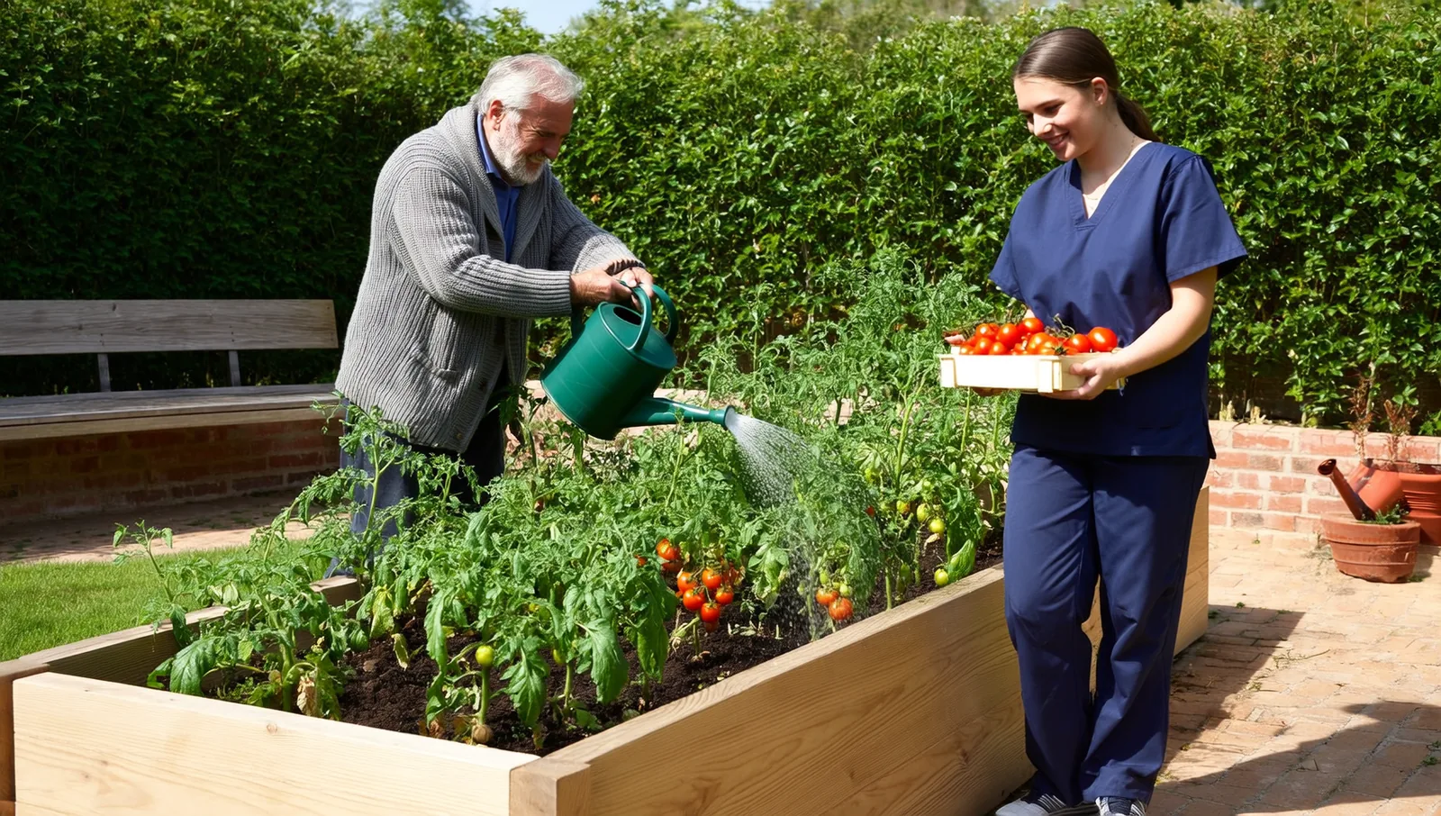 Older man watering tomato plants in a raised bed