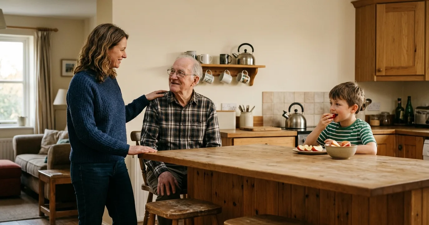 Woman in a kitchen with her father and young son