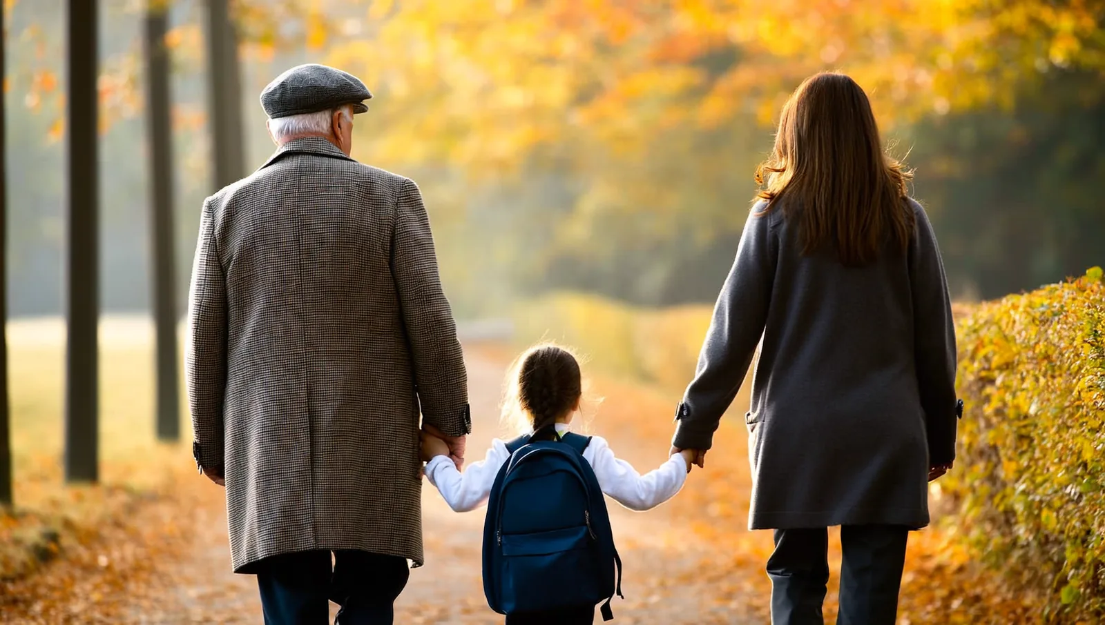 Woman, girl, and grandfather walking hand in hand