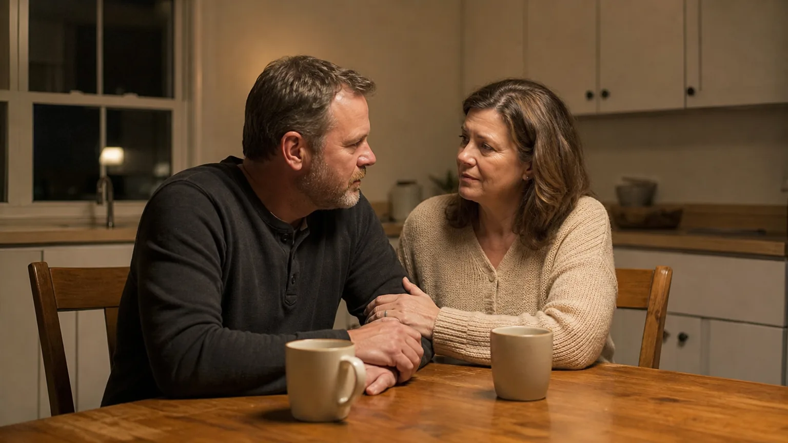 Married couple talking at a kitchen table