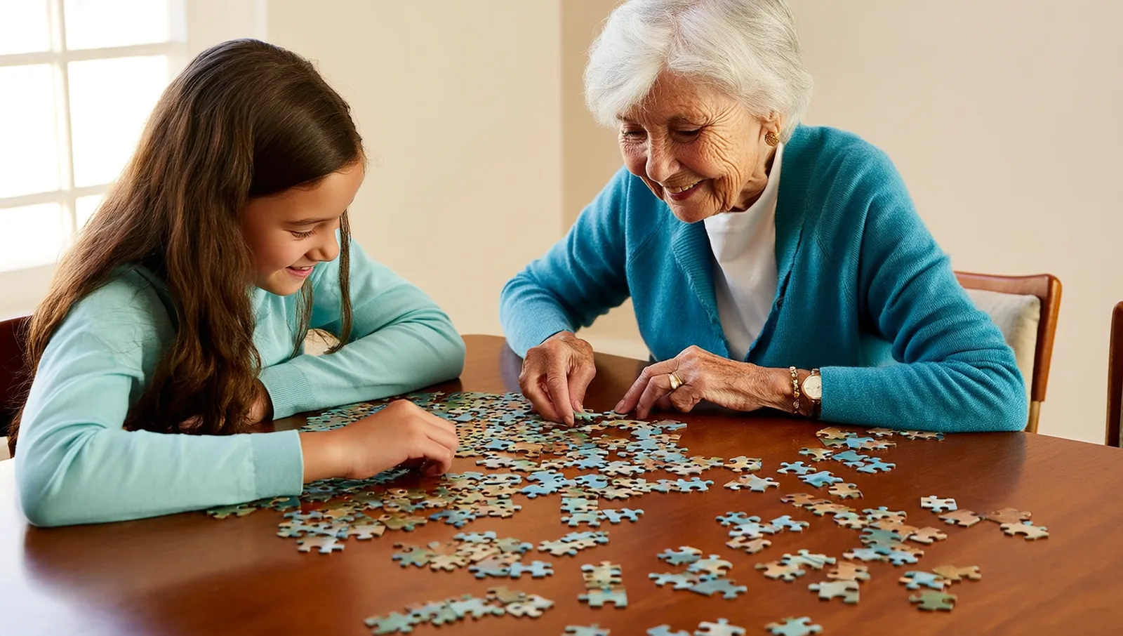 Teenage girl and grandmother doing a puzzle