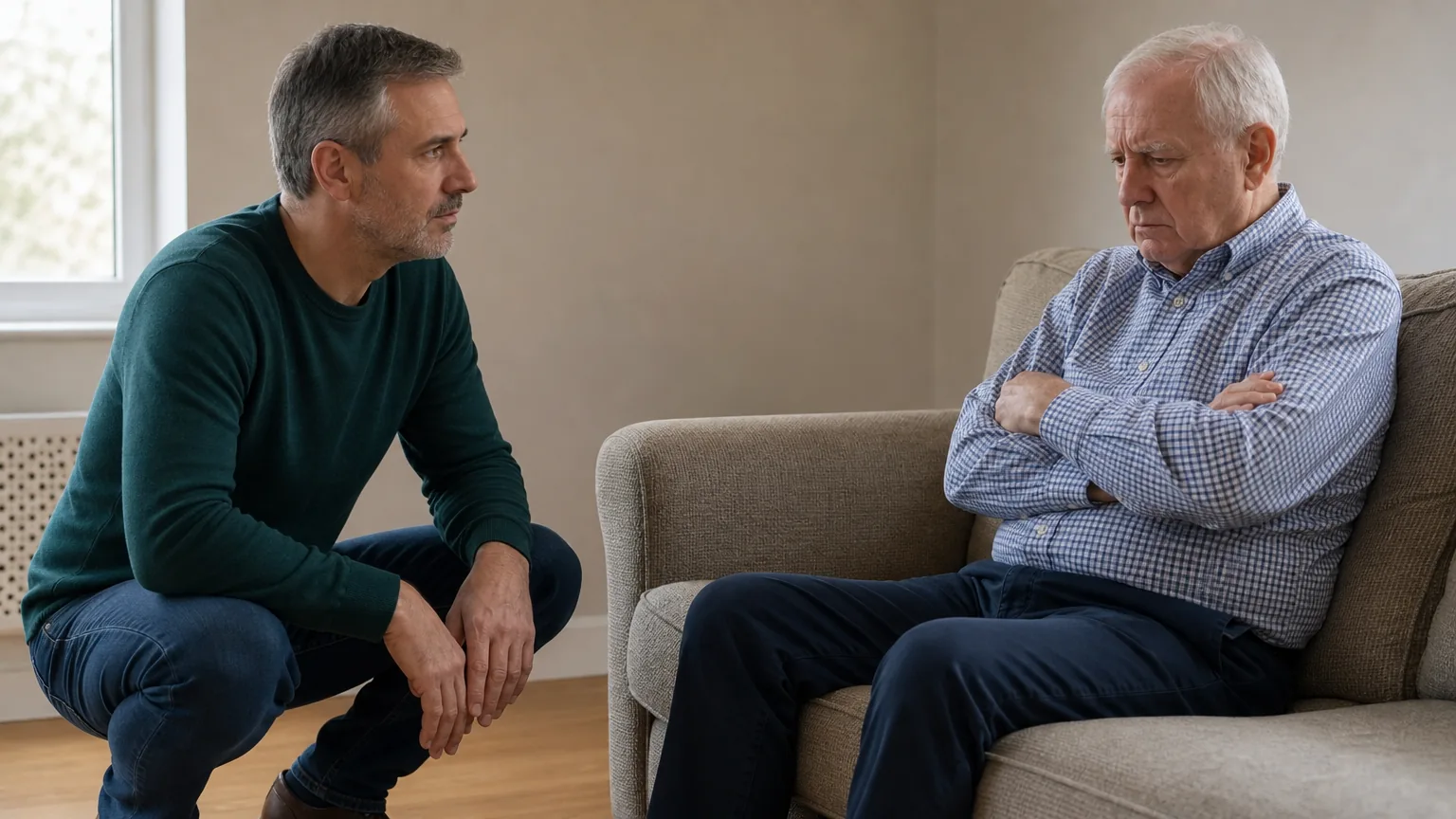 Son crouching at eye level beside his father on a sofa