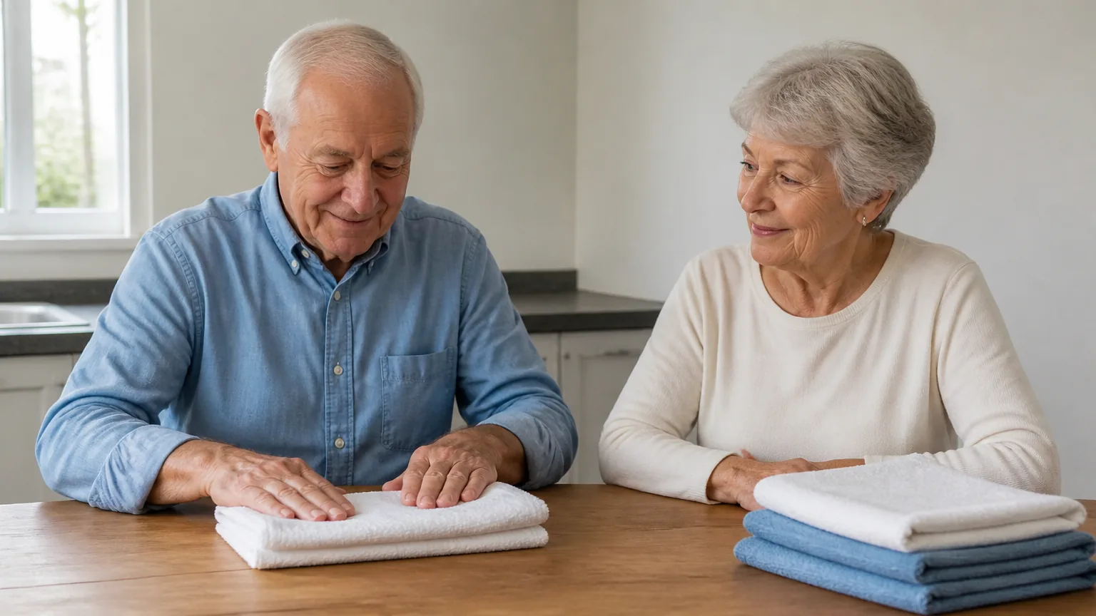 Older man folding towels with his wife at a table