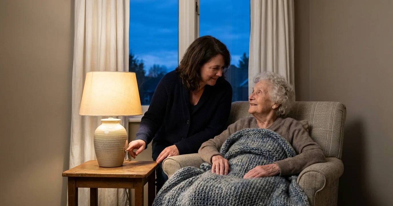 Daughter switching on a lamp beside her mother