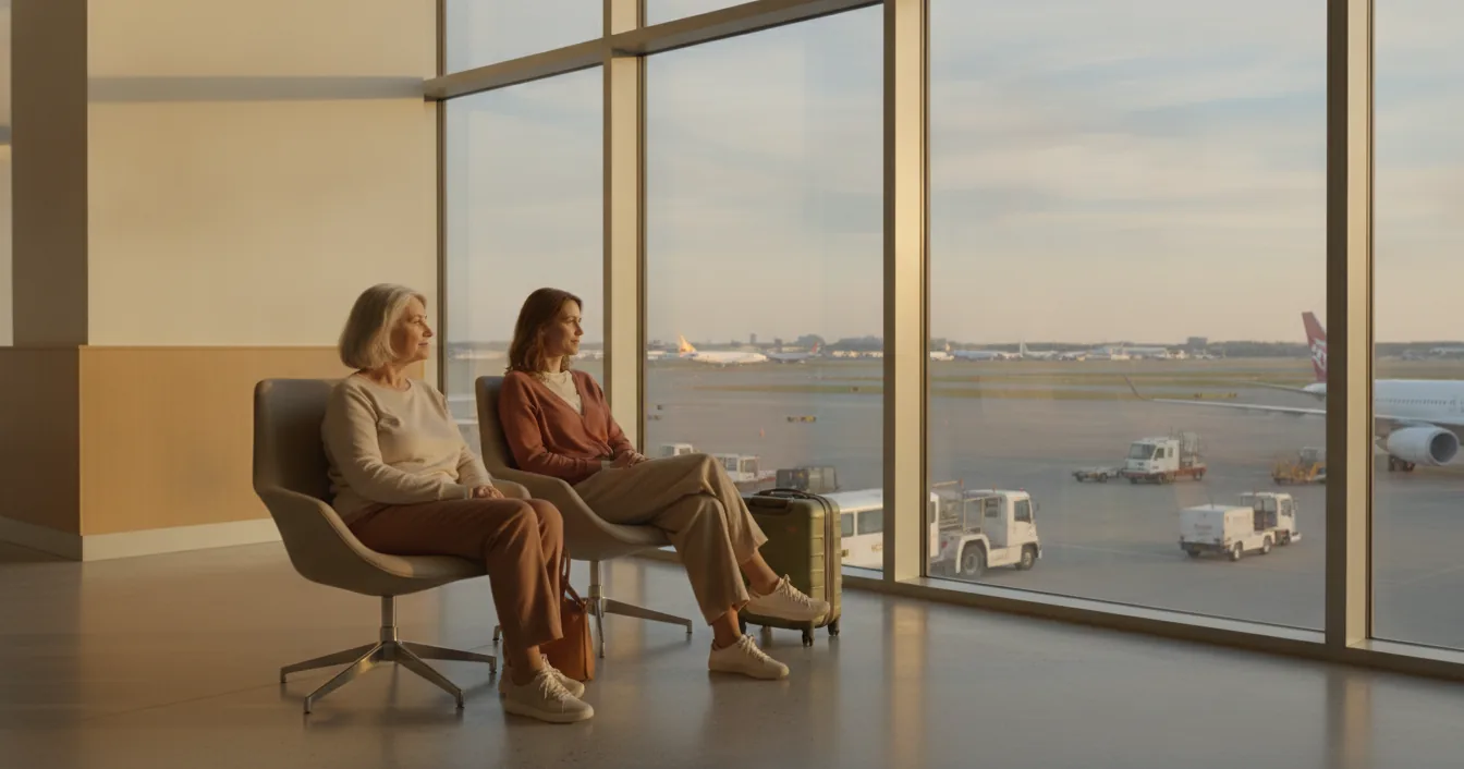 An older woman and her adult daughter sit together by a large airport window in soft morning light, waiting calmly for a flight.