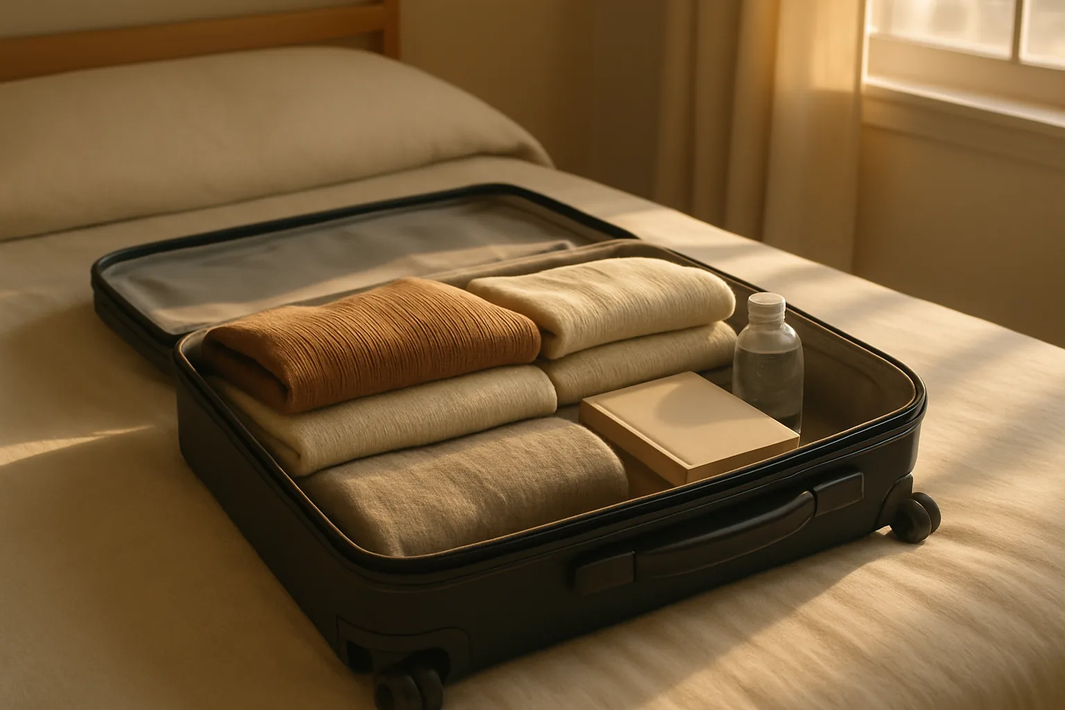 An open carry-on suitcase on a bed, packed with neatly folded clothes, a water bottle, and a small case, lit by warm afternoon light from a window.