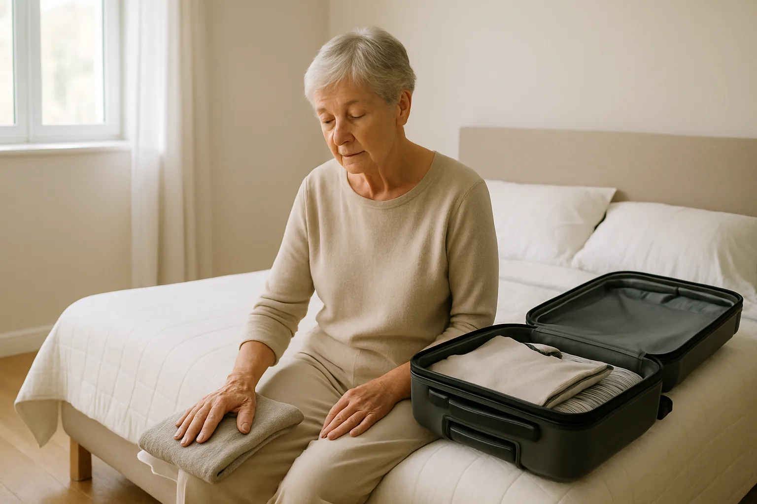 An older woman sits on the edge of her bed in a quiet, sunlit bedroom, one hand resting on a folded sweater beside a half-packed carry-on suitcase.
