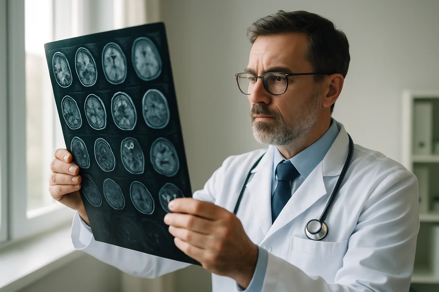 A neurologist holds a brain MRI film up to the light to study it in a clinic.