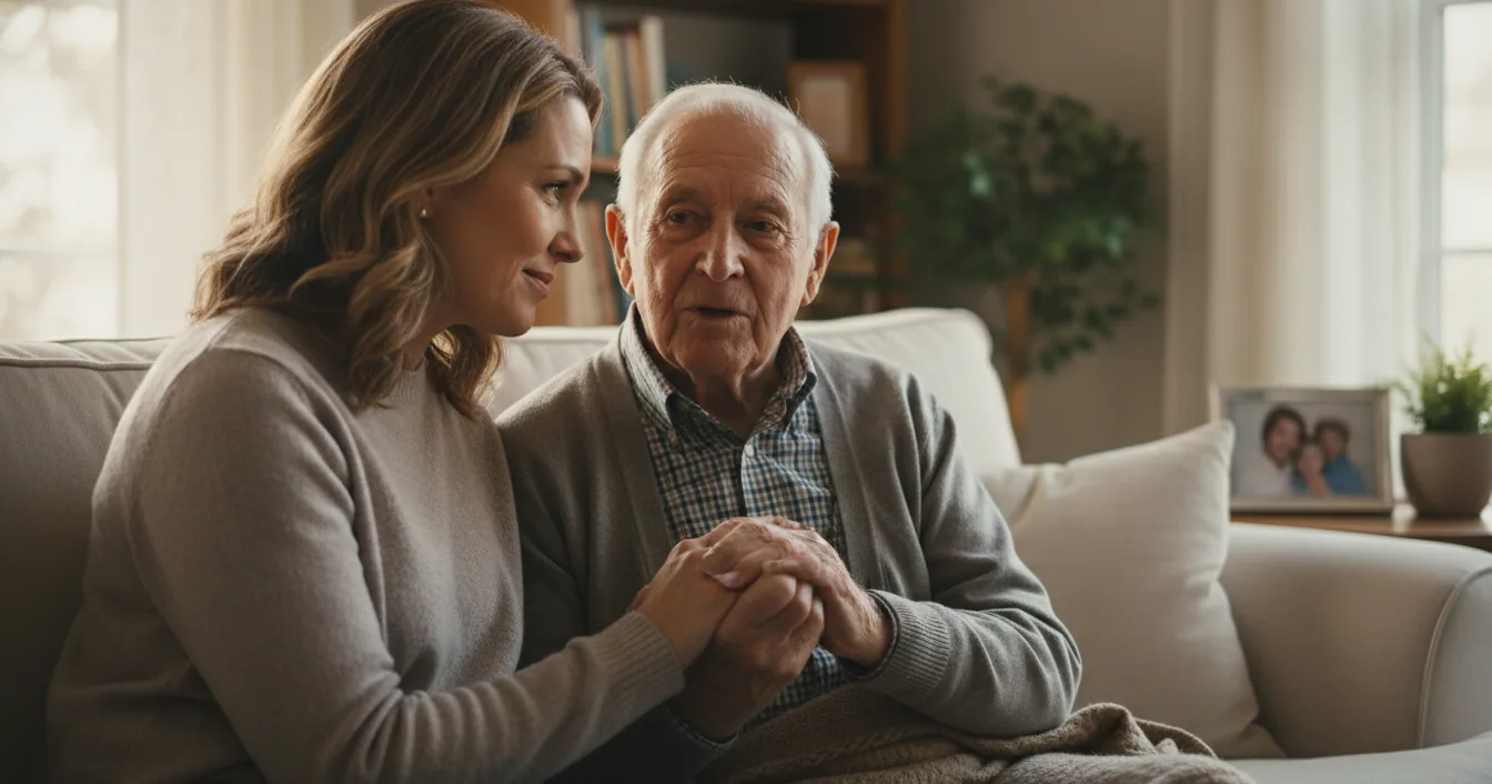 An adult daughter sits close beside her elderly father on a sofa, holding his hand as they talk.
