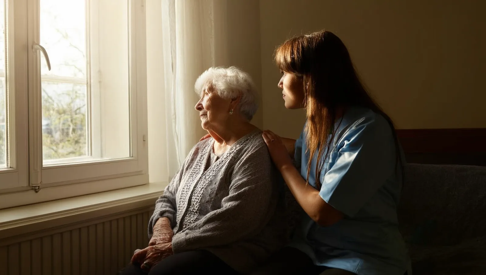 An older woman sits by a sunlit window while a caregiver rests a reassuring hand on her shoulder.