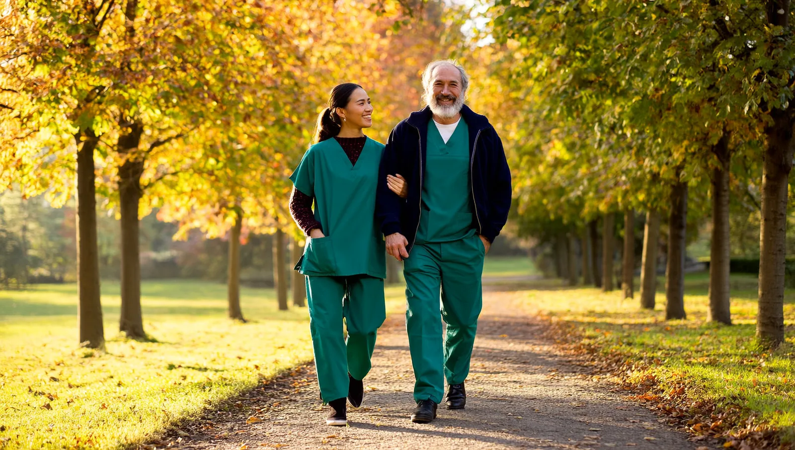 An older man walks arm in arm with a caregiver along a tree-lined garden path on an autumn afternoon.