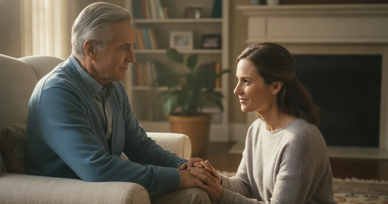 An older veteran sitting in a sunlit living room while his adult daughter kneels beside him and holds his hand.