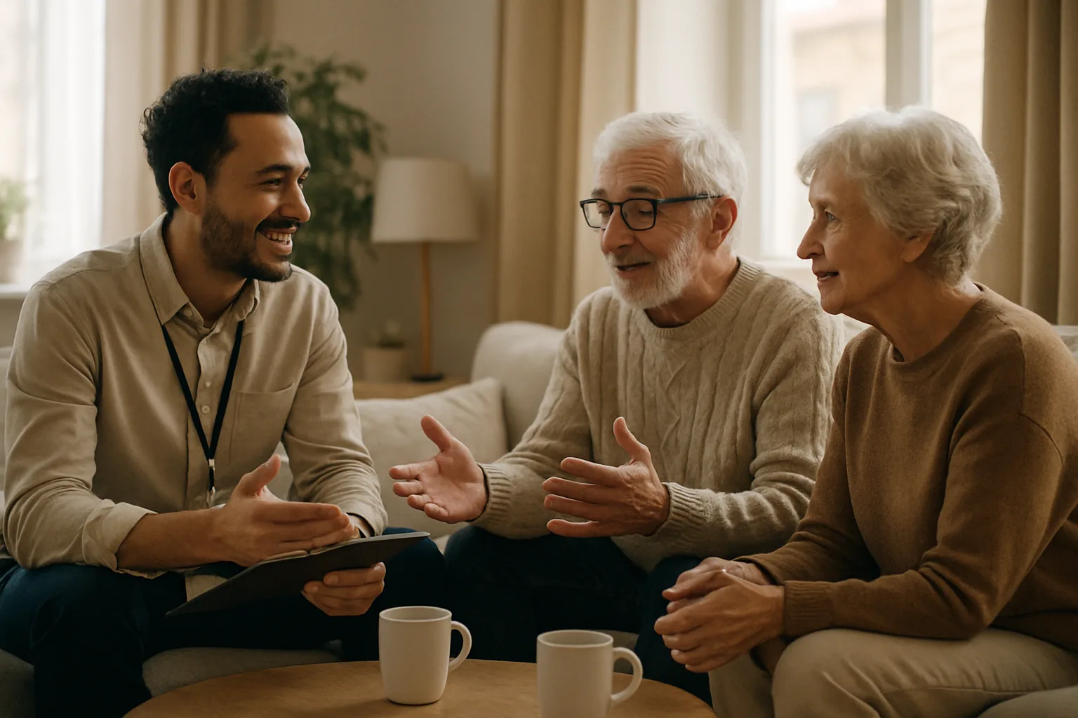 A social worker sits with an older couple in their living room, talking through their options over coffee.