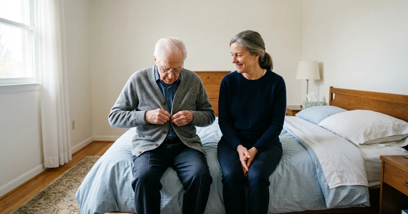 Older man buttoning a cardigan beside his daughter