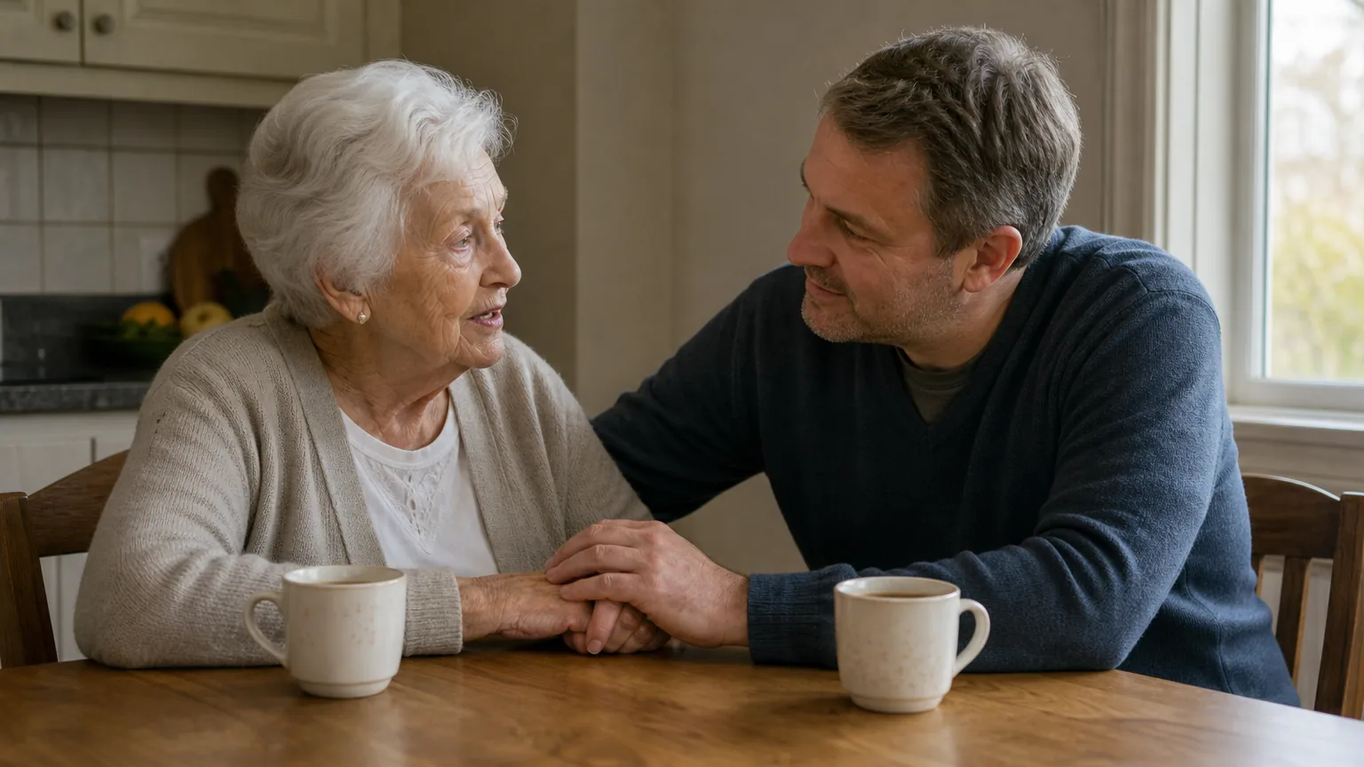 Older woman talking with her son at a kitchen table