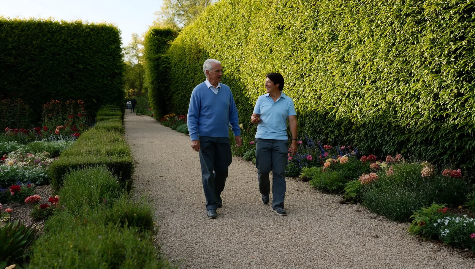 Older man walking a garden path with a companion