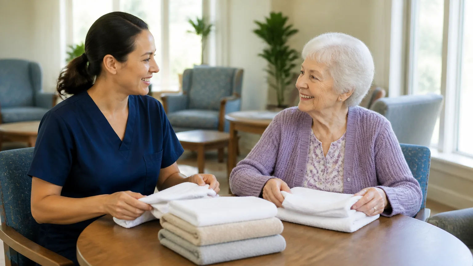 Caregiver and older woman folding towels at a table