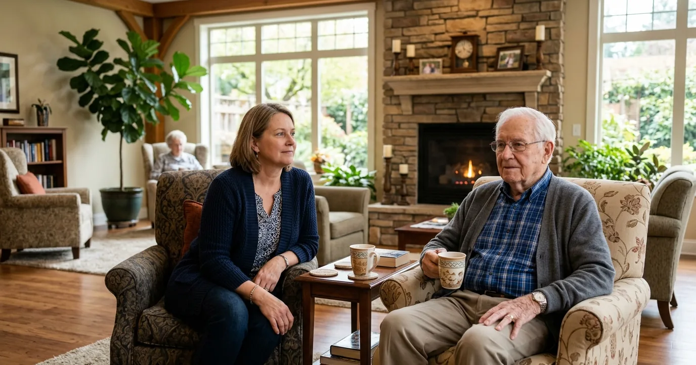 Woman and her elderly father seated by a fireplace