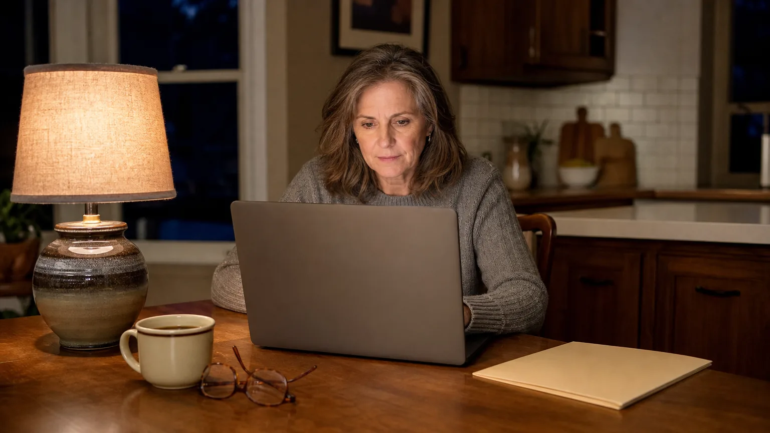 Woman using a laptop at a kitchen table
